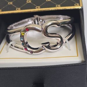 Color Street CS Logo Silver Hinged Bangle Bracelet Multicolor Rhinestone